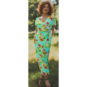 David Warren Floral Maxi Dress Womens Size Large Aqua Short Sleeve Chiffon NWT